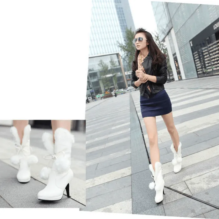 Fur Leather Lace Up High Heel Ankle Boots
