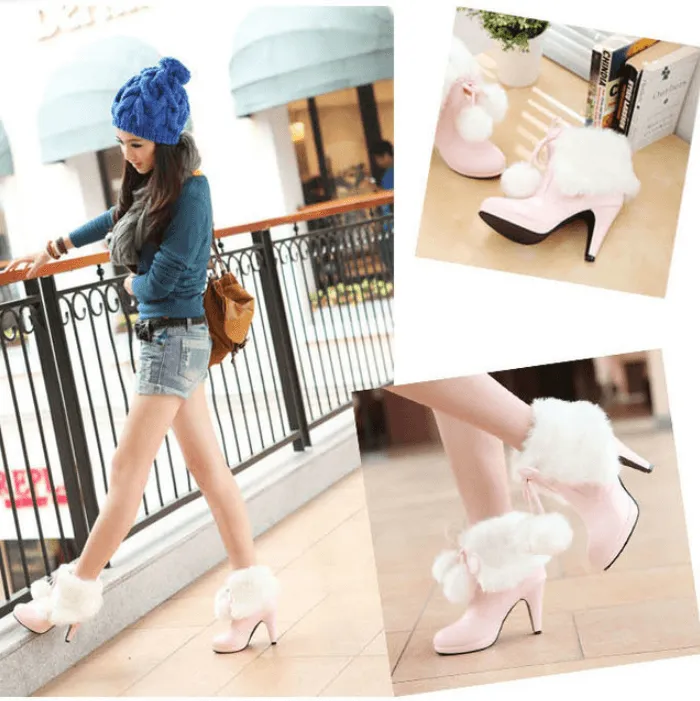 Fur Leather Lace Up High Heel Ankle Boots