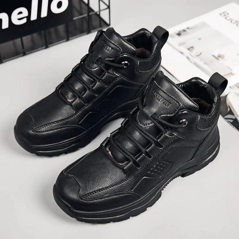 Hnzxzm Men Winter Boots Warm Plush Thickened Snow Boots Lace up Leather Shoes Non-slip Ankle Boots for Men Flats
