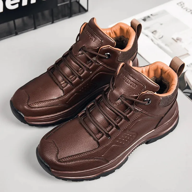 Hnzxzm Men Winter Boots Warm Plush Thickened Snow Boots Lace up Leather Shoes Non-slip Ankle Boots for Men Flats