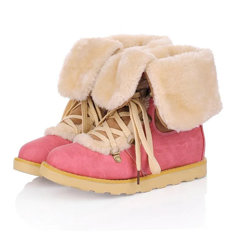 Patchwork Lace Up Fur Lining Flat Martin Boots