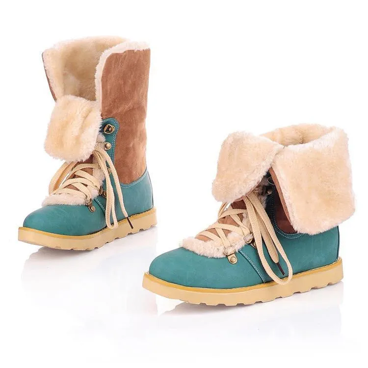 Patchwork Lace Up Fur Lining Flat Martin Boots