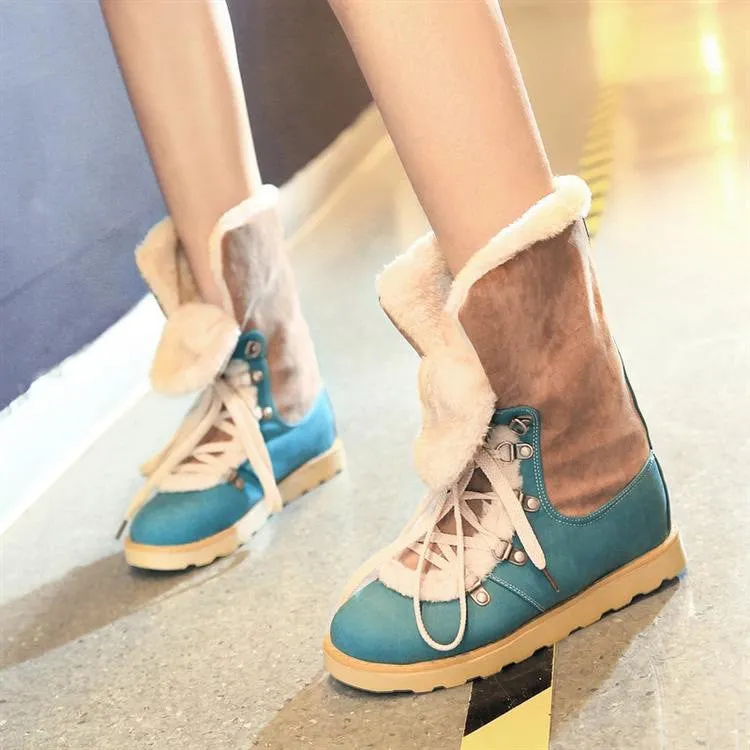 Patchwork Lace Up Fur Lining Flat Martin Boots